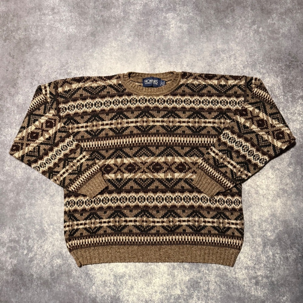 Vintage HONORS Women's 2XL Acrylic Fair Isle Geometric Pattern Crew Neck Sweater - Picture 2 of 5